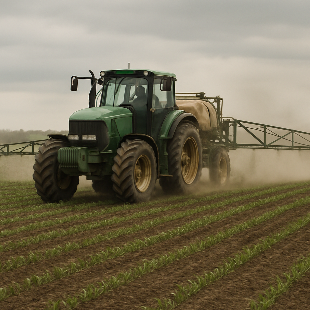 Traditional tractor boom sprayer in a field