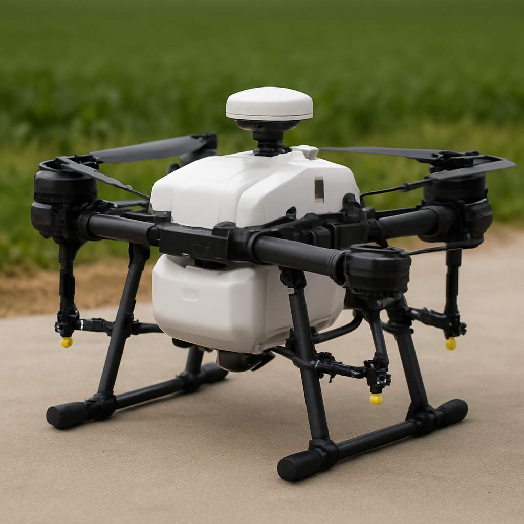 Close-up of an agricultural spraying drone on a landing pad