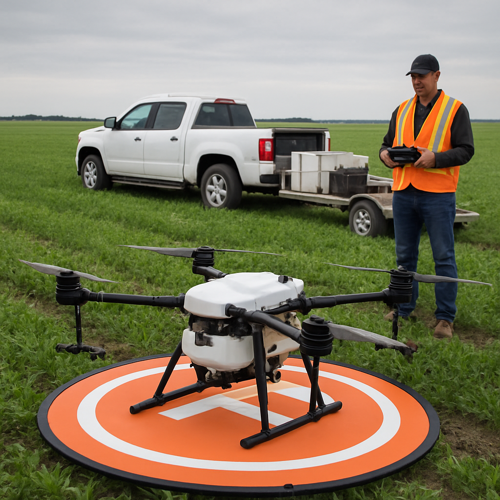 Drone operations setup with support truck and trailer in the field