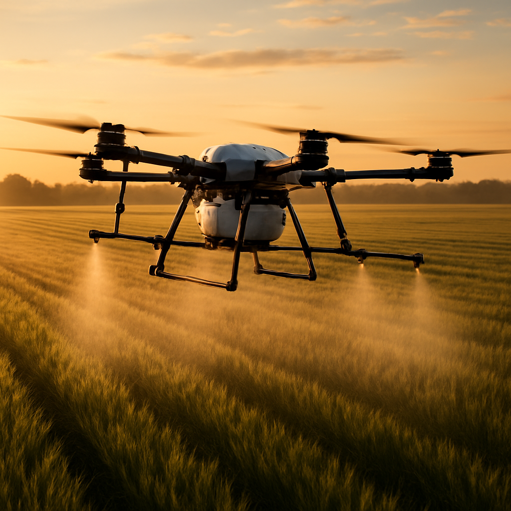 Agricultural spraying drone treating Canadian farmland at sunrise